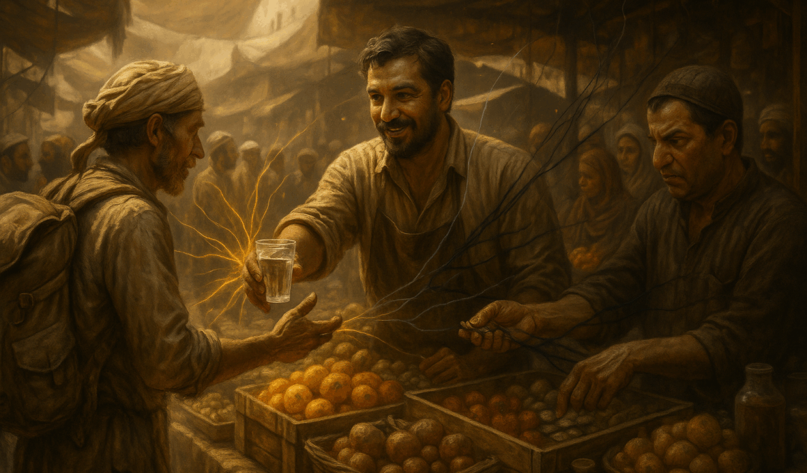 Лавочник даёт воду и завышает цену (Shopkeeper Giving Water and Overcharging)