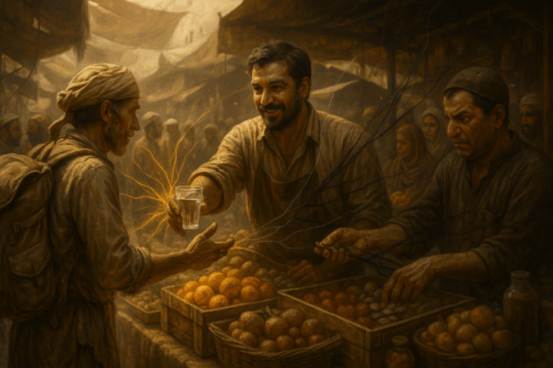 Лавочник даёт воду и завышает цену (Shopkeeper Giving Water and Overcharging)
