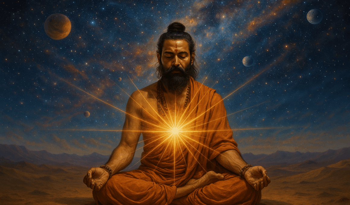 Ведический астролог медитирует под космическим небом (Vedic Astrologer Meditates Under Cosmic Sky)