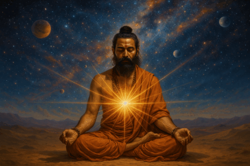 Ведический астролог медитирует под космическим небом (Vedic Astrologer Meditates Under Cosmic Sky)