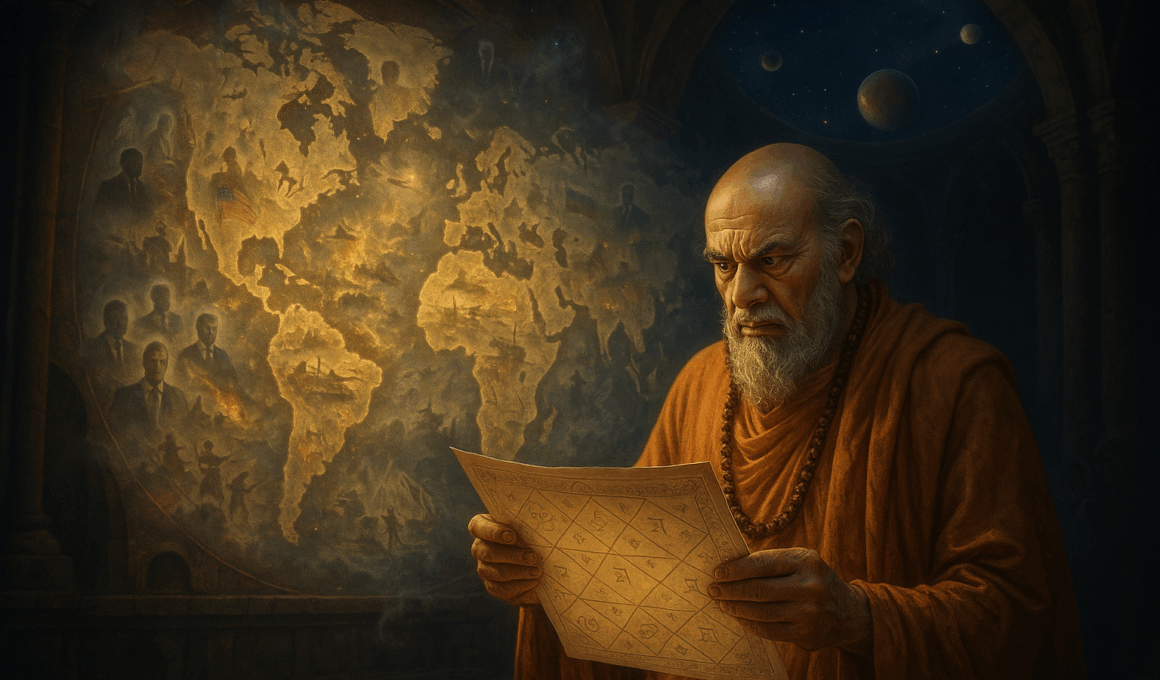 Ведический астролог в храме смотрит на карту мира (Vedic Astrologer in Temple Gazes at World Map)