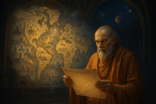 Ведический астролог в храме смотрит на карту мира (Vedic Astrologer in Temple Gazes at World Map)