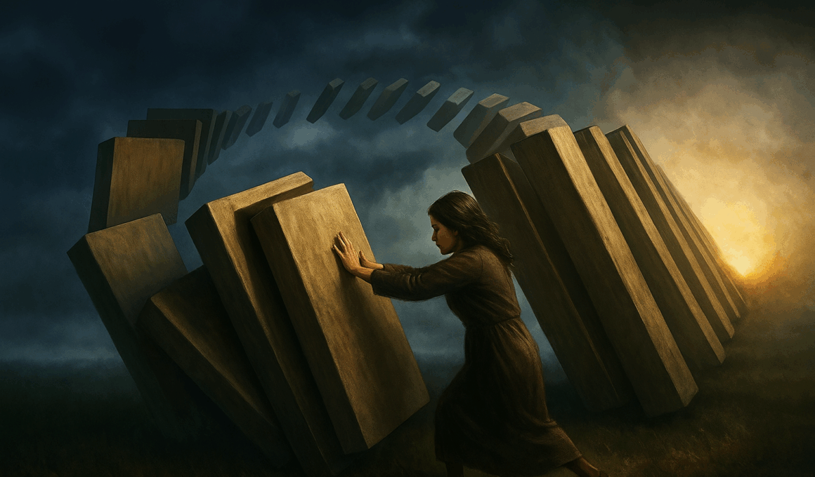Женщина, сопротивляющаяся карме падающих домино (A Woman Resisting the Karma of Falling Dominoes)