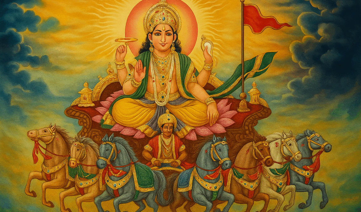 Ведический бог Солнца Сурья, запряжённой семью белыми конями (Vedic Sun God Surya Drawn by Seven White Horses)