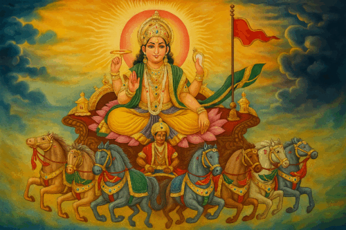 Ведический бог Солнца Сурья, запряжённой семью белыми конями (Vedic Sun God Surya Drawn by Seven White Horses)