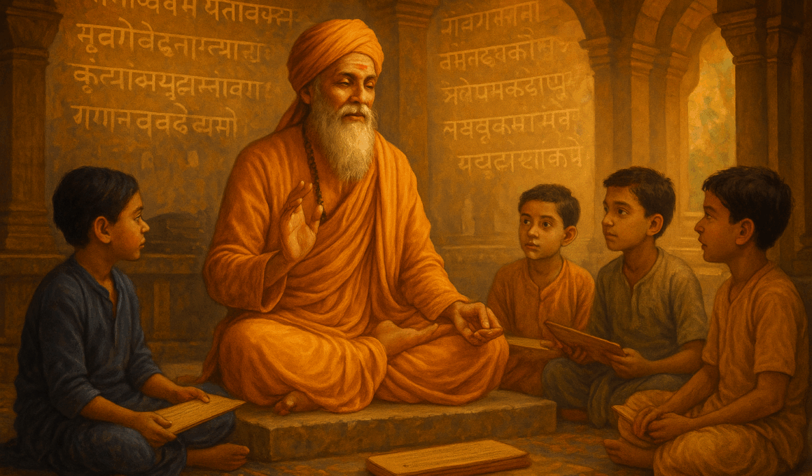 Учителя Вед обучающего учеников в храме (Vedic Teacher Instructing Students in a Temple)