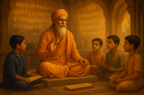 Учителя Вед обучающего учеников в храме (Vedic Teacher Instructing Students in a Temple)