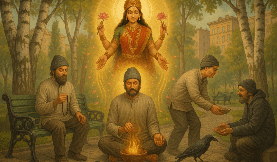 Современный человек в парке Москвы выполняет ведические упайи (A Modern Man Performs Vedic Upayas in a Park in Moscow)