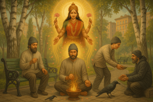 Современный человек в парке Москвы выполняет ведические упайи (A Modern Man Performs Vedic Upayas in a Park in Moscow)